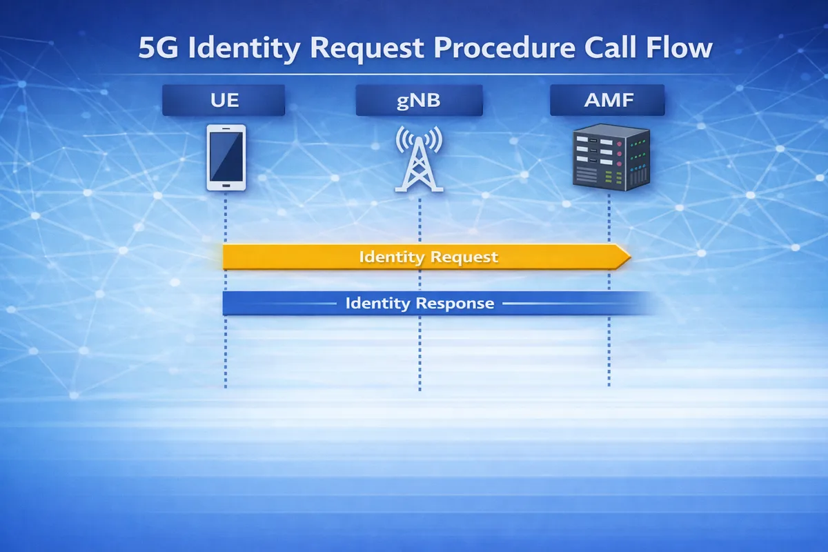 5G Identity Request procedure call flow diagram showing UE, gNB, and AMF signaling