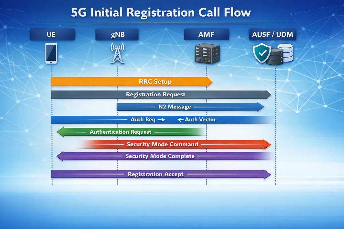 5G Initial Registration call flow diagram showing UE, gNB, AMF, and AUSF or UDM signaling