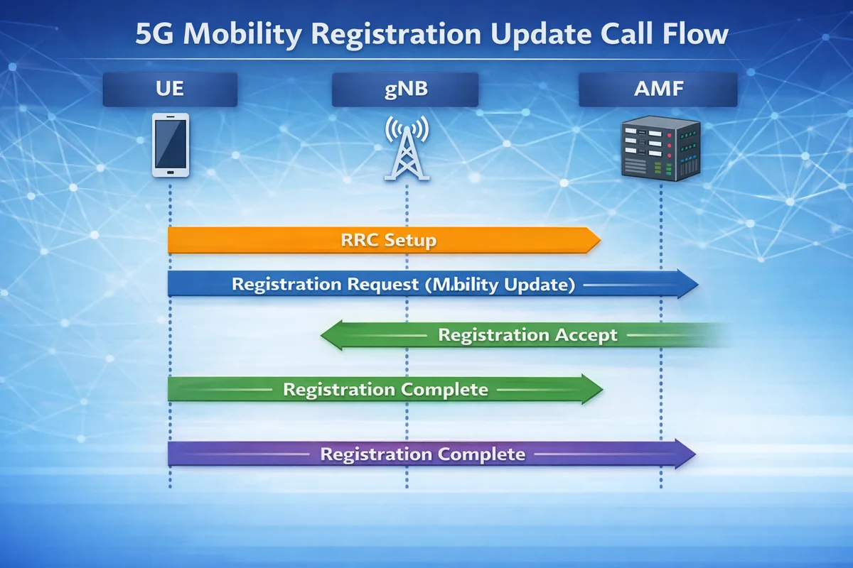 5G Mobility Registration Update call flow diagram showing UE, gNB, and AMF signaling