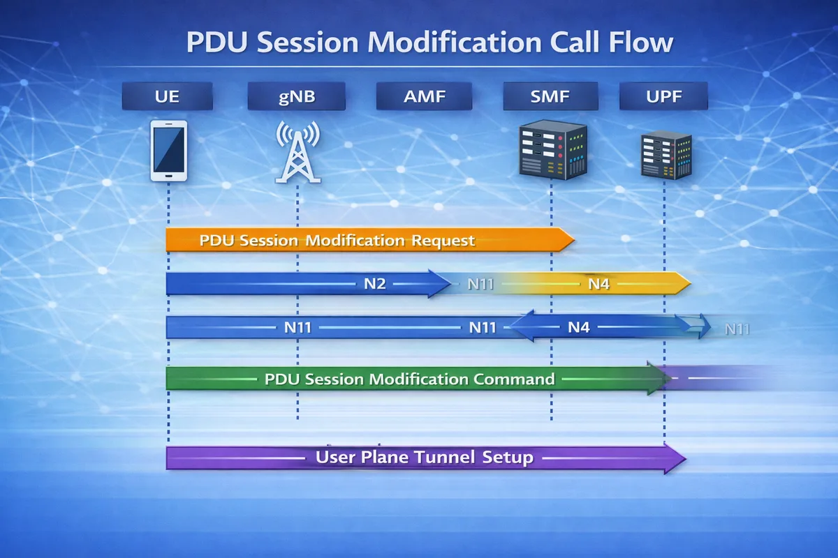 5G PDU Session Modification call flow diagram showing UE, gNB, AMF, SMF, and UPF signaling