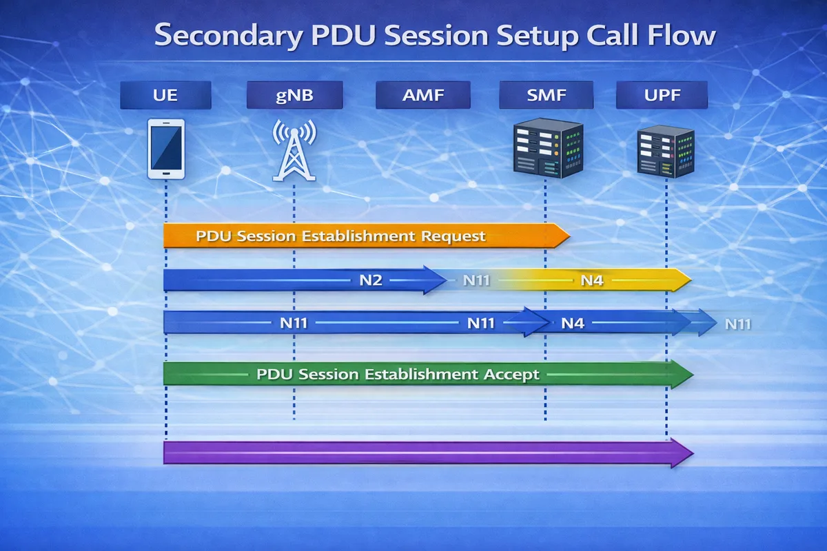 5G Secondary PDU Session Setup call flow diagram
