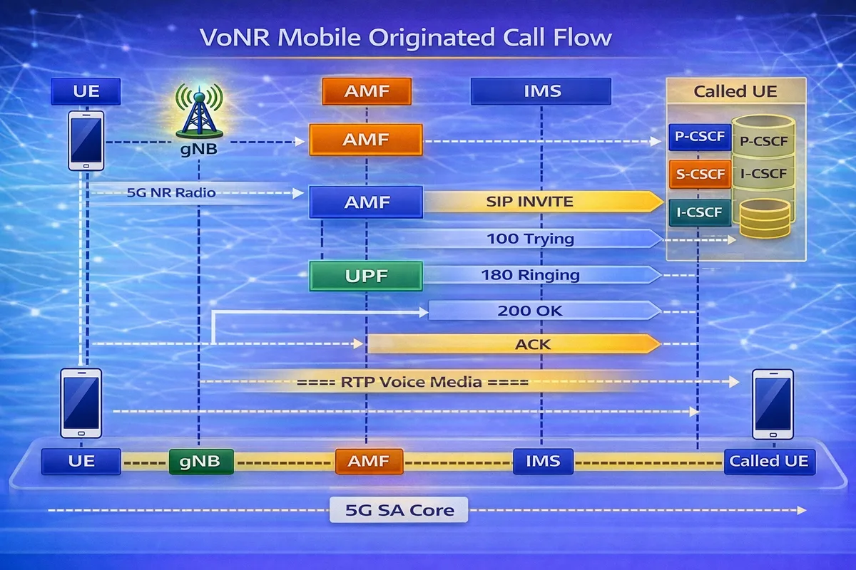 VoNR mobile originated call flow diagram